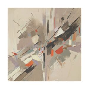 Abstract artwork with intersecting lines and geometric shapes in neutral tones with splashes of orange and black