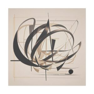 Abstract composition with intersecting curved and straight lines in shades of black, gray, and beige on a neutral background