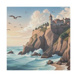 Coastal cliffside with waves crashing against rocks, a lighthouse and buildings perched above, and seagulls flying in the sky