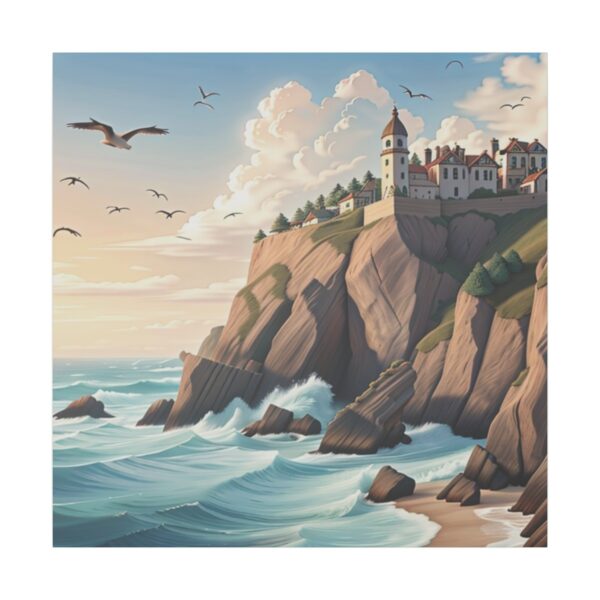 Coastal cliffside with waves crashing against rocks, a lighthouse and buildings perched above, and seagulls flying in the sky