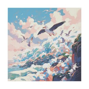 Vibrant coastal cliffside scene with crashing waves, colorful rocks, and seagulls soaring under a bright sky