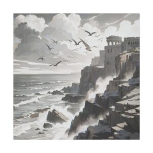 Dramatic coastal cliffside with waves crashing against rocks, seagulls flying above, and ancient ruins perched on the cliffs