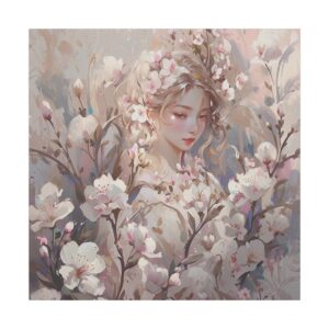 Portrait of a young woman surrounded by delicate cherry blossoms on a Giclée Print Canvas.