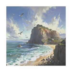 Scenic coastal cliffside with waves crashing against the shore, seagulls soaring, and a bright blue sky