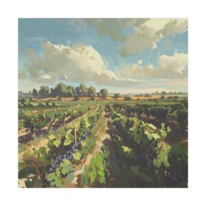 Lush vineyard with rows of grapevines under a bright sky with scattered clouds