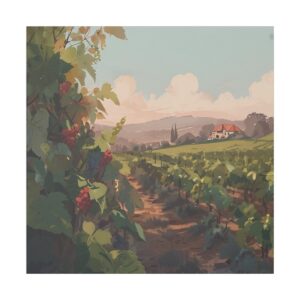 Peaceful vineyard scene with grapevines stretching towards a distant farmhouse under a calm sk