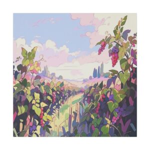 Vibrant vineyard scene with colorful grapevines, lush leaves, and a bright sky in the background