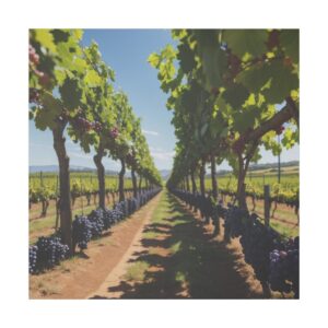 A picturesque vineyard with rows of grapevines laden with ripe grapes under a clear blue sky