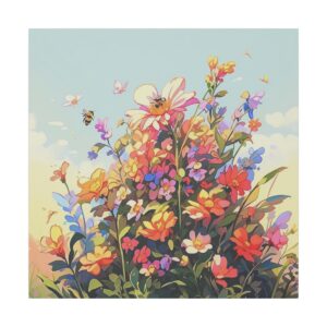 A vibrant bouquet of wildflowers in full bloom with bees and butterflies fluttering around under a clear sky