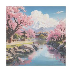 Beautiful Japanese garden with cherry blossom trees, a pagoda, a calm pond, and Mount Fuji in the background