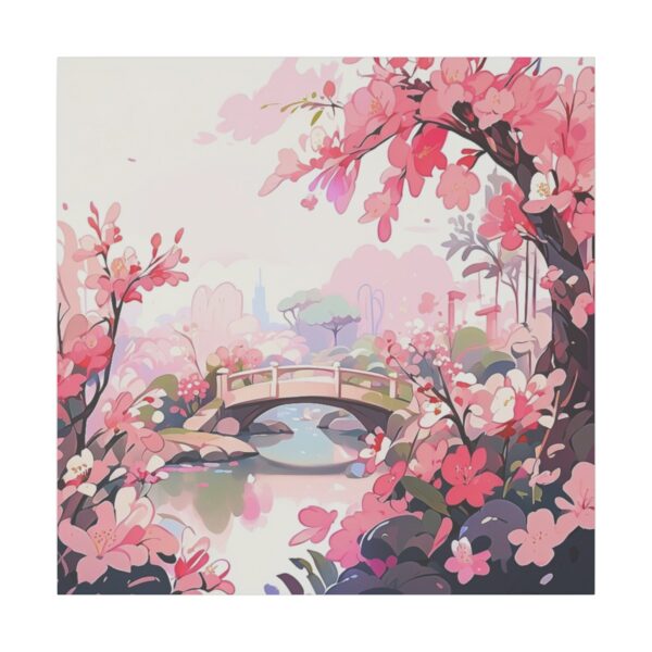 Vibrant Japanese garden with pink cherry blossoms surrounding a traditional arched bridge over a calm pond