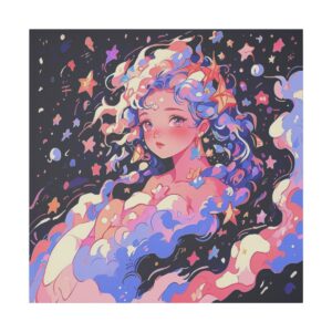 Vibrant portrait of a young woman with flowing celestial patterns and colorful stars on a Giclée Print Canvas.