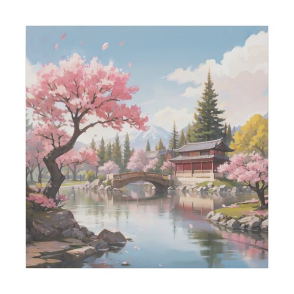 Tranquil Japanese garden with cherry blossom trees, a traditional bridge over a calm pond, and a pagoda in the background