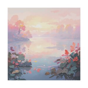 Soft pastel sunrise over a calm lake with autumn foliage and colorful leaves reflecting on the water