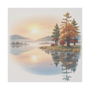 A serene sunrise over a calm lake with autumn trees reflecting on the water, surrounded by misty hills