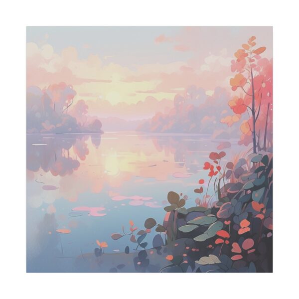 A soft, pastel-colored sunrise over a calm lake with autumn foliage and leaves reflecting on the water's surface