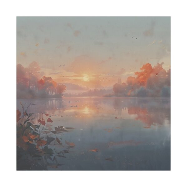 A tranquil sunrise over a misty lake with autumn trees reflecting in the calm water and leaves floating on the surface