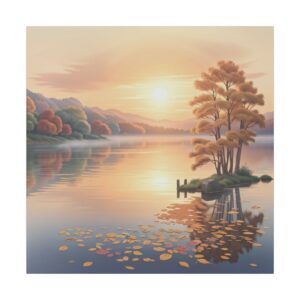 A serene sunrise over a calm lake with autumn-colored trees reflecting in the water and fallen leaves floating on the surface