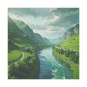 A serene river flowing through a vibrant green valley surrounded by towering mountains under a partly cloudy sky