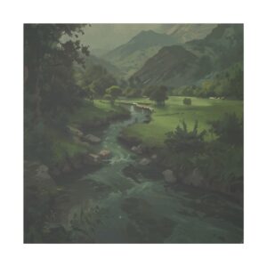 A calm river flowing through a dark, lush green valley surrounded by mountains and trees under a cloudy sky