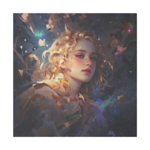 Ethereal portrait of a young woman with celestial patterns and glowing elements surrounding her on a Giclée Print Canvas.