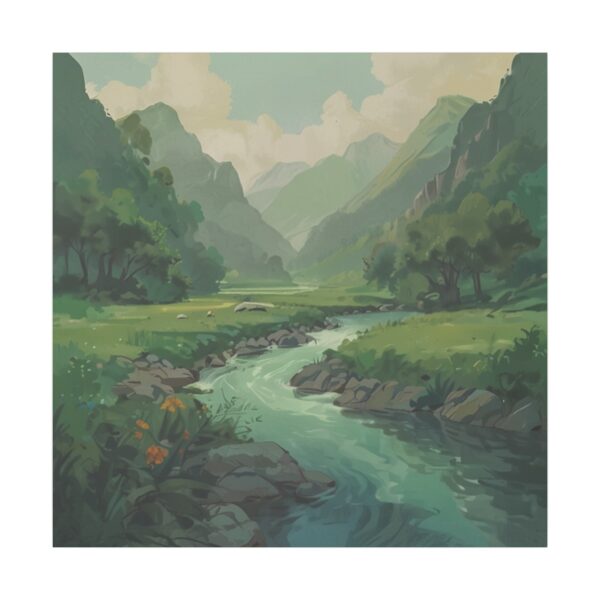 A peaceful river winding through a lush green valley surrounded by mountains and trees under a soft, cloudy sky