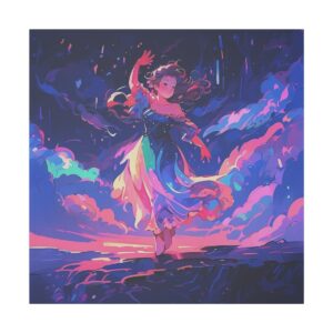 A vibrant scene of a woman dancing under the colorful Aurora Borealis, with swirling lights and a dynamic night sky