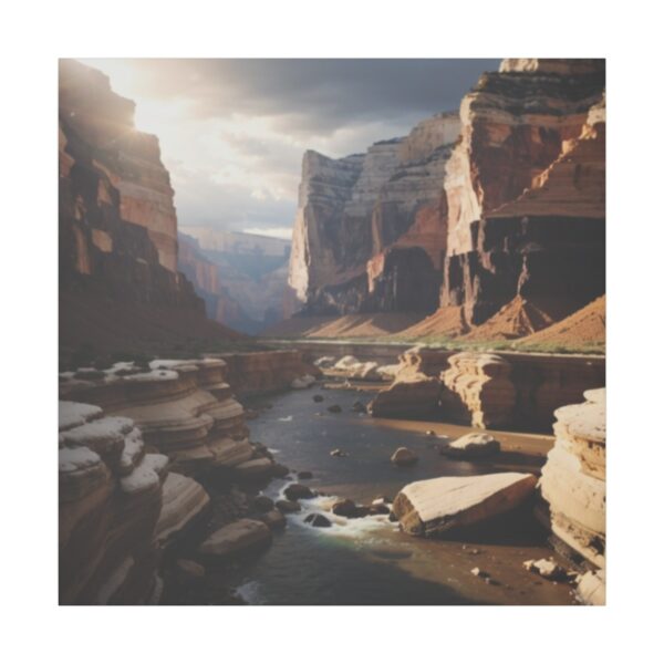 Majestic canyon landscape with layered rock formations and a winding river under dramatic light