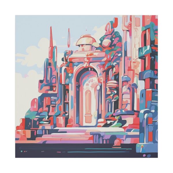 Abstract depiction of an architectural structure with arches and columns in vibrant colors on a Giclée Print Canvas.