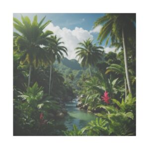 Tropical jungle scene with tall palm trees, lush greenery, and a clear river flowing through the landscape