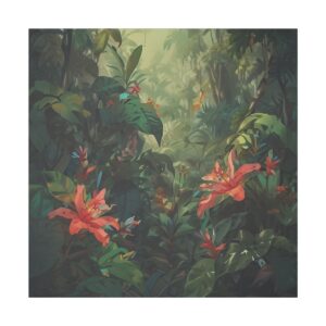 Lush tropical jungle scene with vibrant flowers, dense greenery, and soft light filtering through the foliage