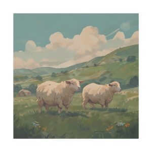 Two sheep grazing in a lush green countryside with rolling hills and a blue sky with fluffy clouds