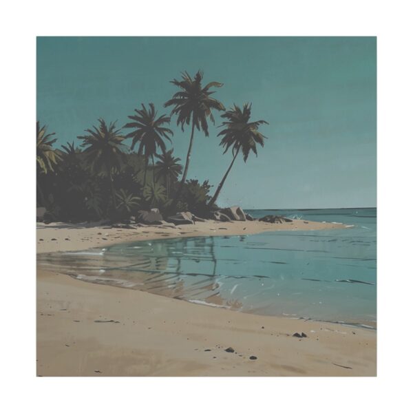 Calm beach scene with palm trees lining the shore, gentle waves, and soft sand under a muted sky