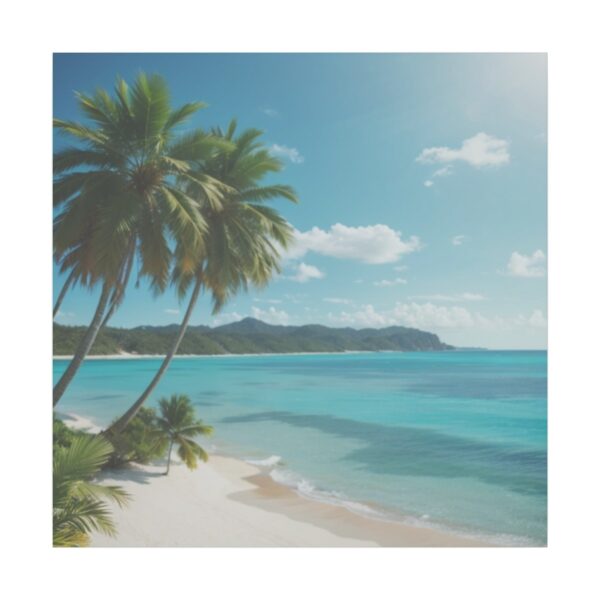 Idyllic beach scene with white sand, turquoise water, and tall palm trees under a bright blue sky