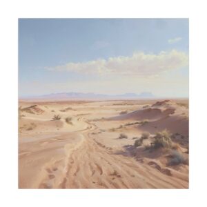 Wide desert landscape with sandy terrain, sparse vegetation, distant mountains, and a clear blue sky