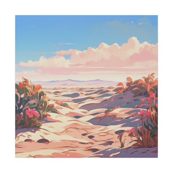 Serene desert landscape with soft sand dunes, sparse vegetation, and a clear blue sky with pink clouds