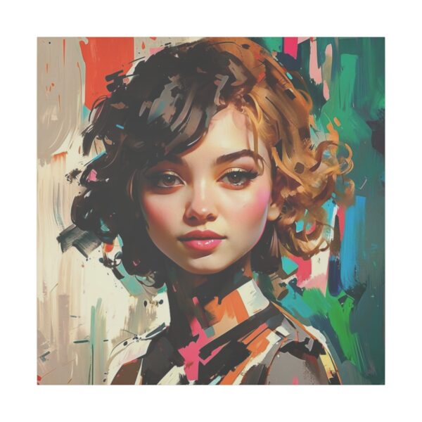 Portrait of a woman with curly hair against a backdrop of bold, vibrant colors on a Giclée Print Canvas.