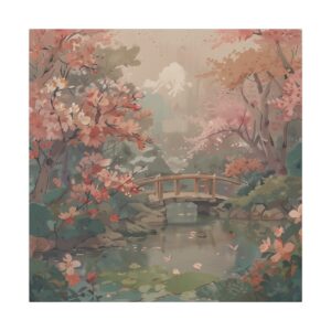 Tranquil Japanese garden with a wooden bridge over a serene pond surrounded by blooming cherry blossoms