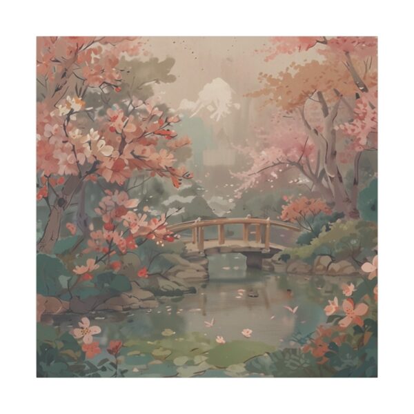 Tranquil Japanese garden with a wooden bridge over a serene pond surrounded by blooming cherry blossoms