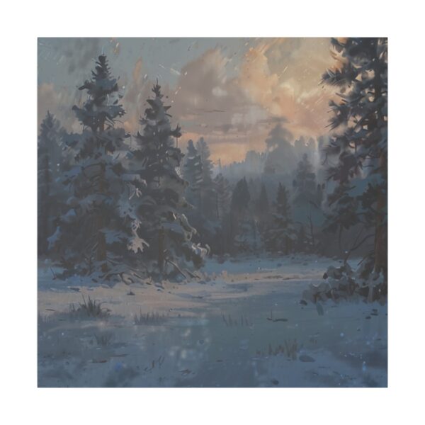 Snow-covered forest at twilight with trees and a soft, glowing sky in the background