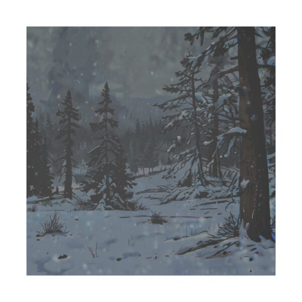 Snowy forest scene at dusk with tall trees and falling snow in a serene winter landscape