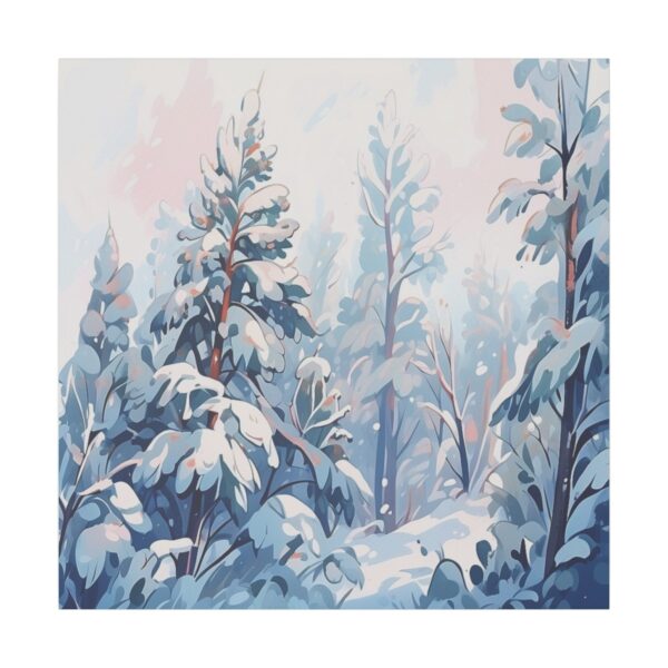 Snow-covered trees in a peaceful winter forest with soft pastel colors in the sky