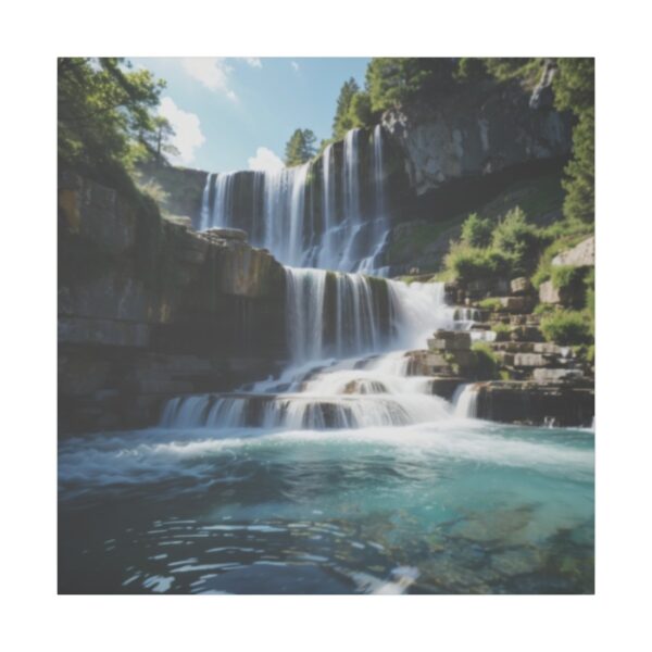 Majestic multi-tiered waterfall cascading into a clear turquoise pool surrounded by rocky cliffs and greenery