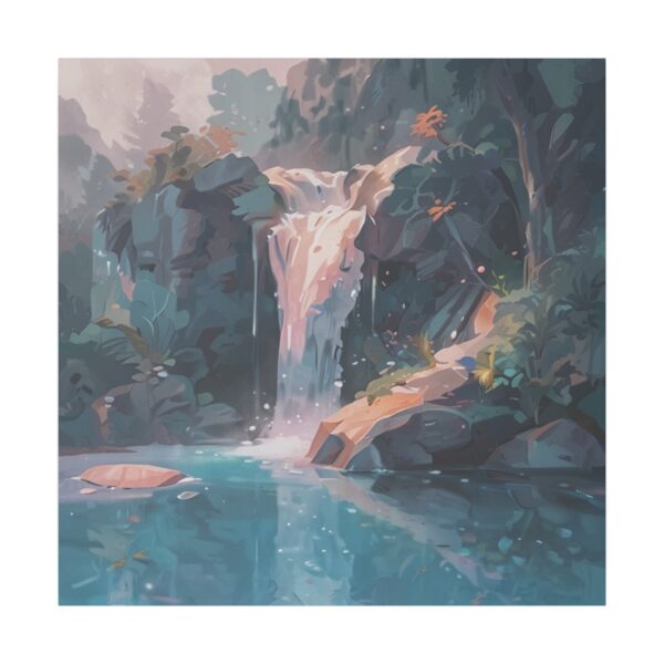 Serene waterfall cascading into a clear blue pool surrounded by lush greenery with soft light filtering through