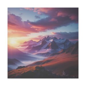 Majestic mountain range at sunrise with vibrant clouds, misty valleys, and warm sunlight illuminating the peaks