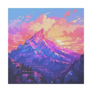 Vibrant mountain range with pink and purple hues at sunset, with a dramatic sky filled with colorful clouds