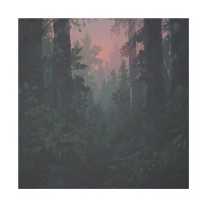 Forest at dusk with dense foliage and a soft pinkish glow in the sky