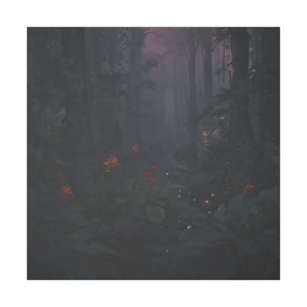 Dark forest at dusk with faint light illuminating small red flowers and fireflies