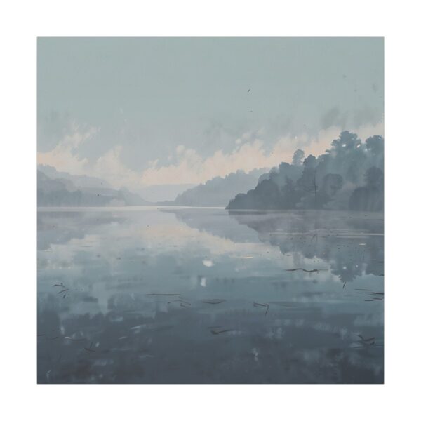 Tranquil lakeside scene with calm water reflecting trees and a cloudy sky in soft blue tones