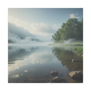 Calm lakeside scene with mist rising from the water, surrounded by trees and mountains under a soft morning light